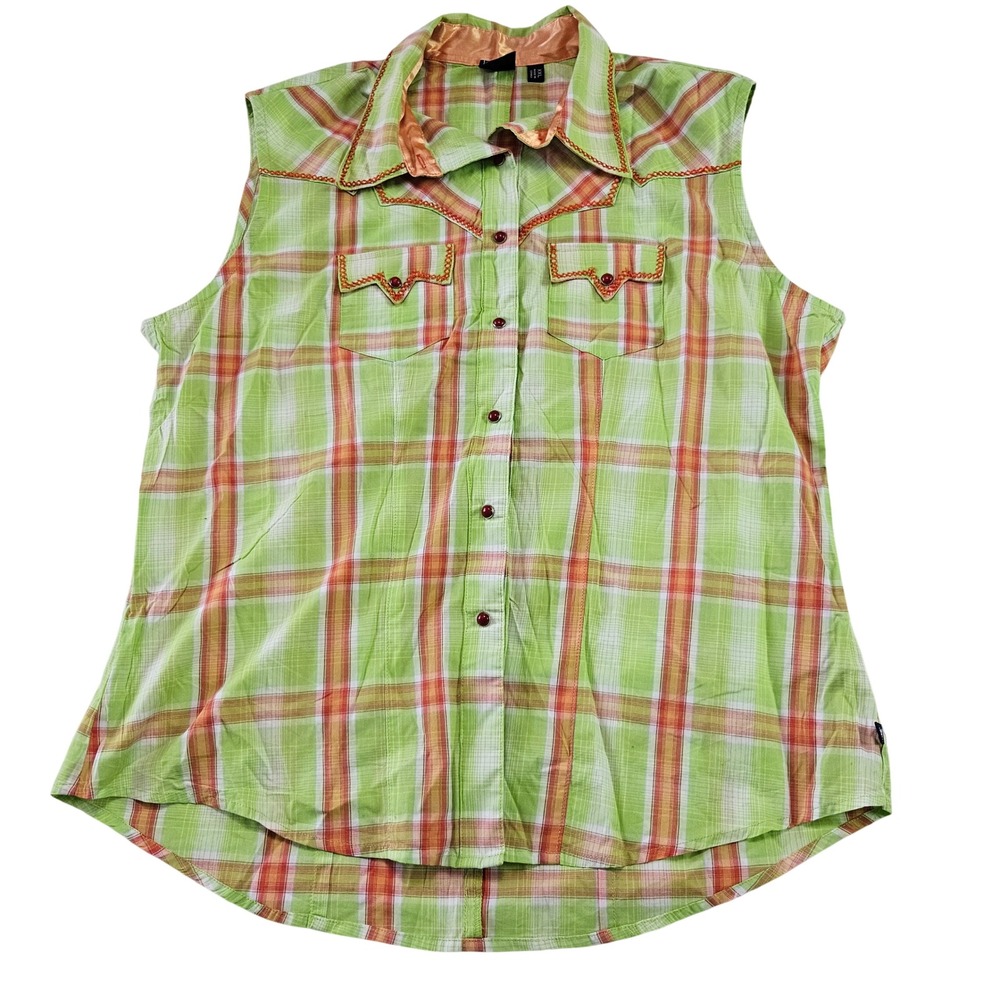 Cruel Girl Womens Lime Green Plaid Sleeveless Country Western Snap Shirt Sz XXL